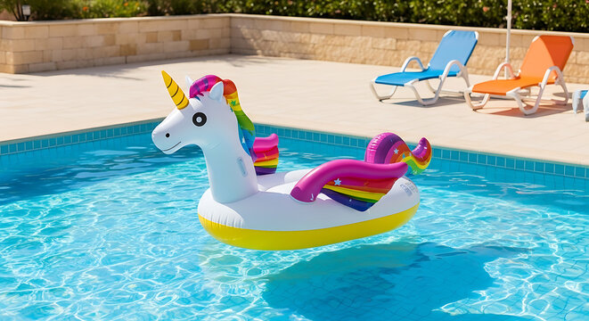 A colorful unicorn pool float in a backyard swimming pool with lounge chairs