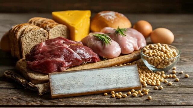 Still life with choline-rich foods: beef, chicken, eggs, cheese, soybeans, and bread, with a wooden "Choline"