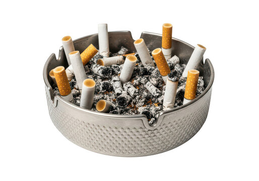 A full metal ashtray filled with cigarette butts and ash isolated on transparent background