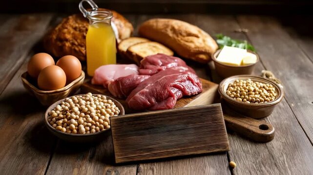 Still life with choline-rich foods: beef, chicken, eggs, cheese, soybeans, and bread, with a wooden "Choline"