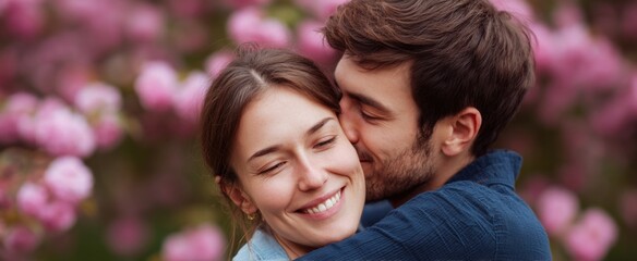 Fototapeta premium Joyful pair embracing like spring buds in a blooming park filled with flowers