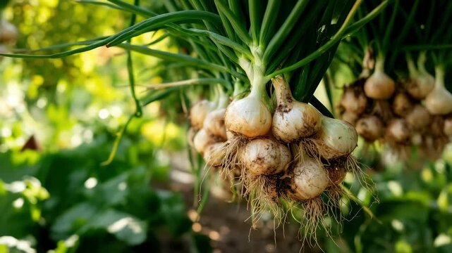 A bright close-up of a bunch of freshly picked onions with roots and soil, hanging in the sunlight