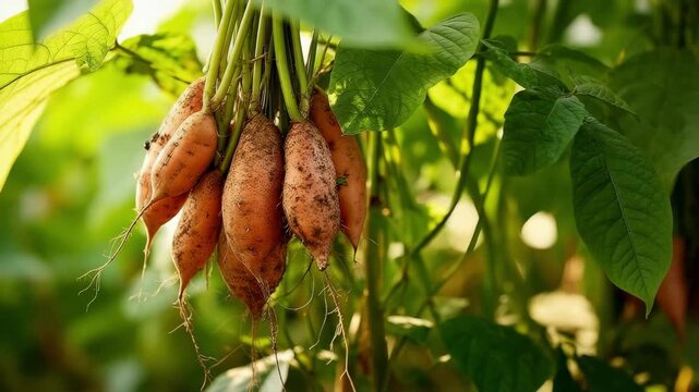 A bright close-up of freshly picked sweet potatoes with remnants of soil, hanging in the sunlight