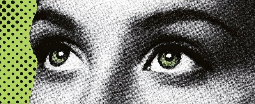 Diverse eyes in a halftone collage with blinking and winking pop art accents.