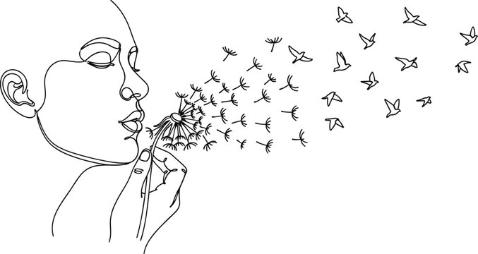 Woman blowing dandelion transforming into flying birds line art illustration symbolizing freedom dreams hope imagination minimal conceptual vector design