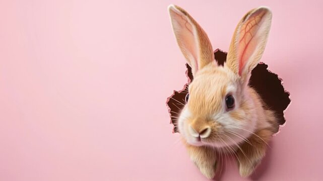 Cute fluffy bunny peeking out of a hole in the wall.