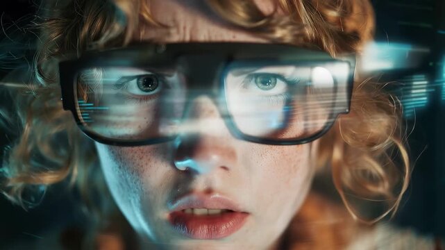 Girl wearing glasses explores virtual reality while immersed in augmented experiences at night, showcasing wonder and curiosity