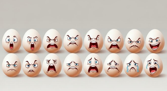 A collection of white eggs featuring various cartoon facial expressions representing human emotion