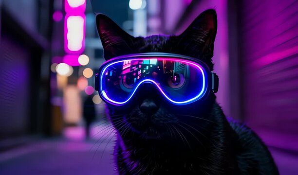 A cyberpunk cat wearing glowing neon blue VR goggles, head close-up in a dark alley with colorful bokeh lights and purple haze, cinematic lighting, ultra-detailed fur, futuristic vibe; Alien 4K an