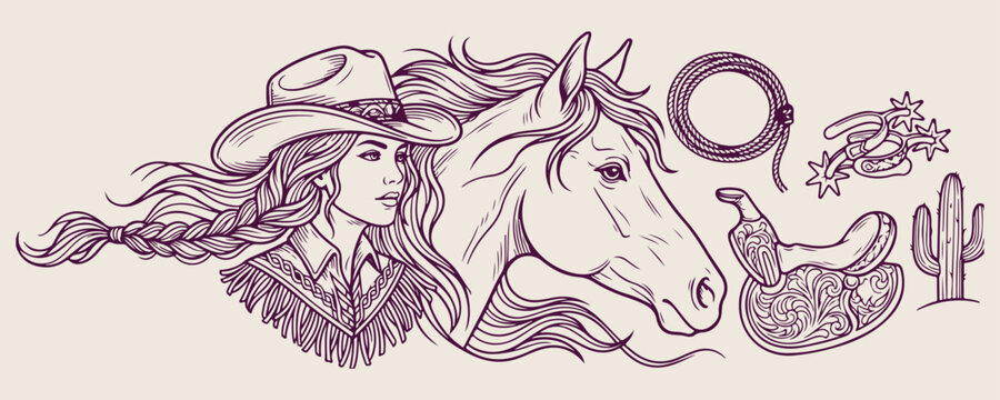 horse line art set, cowboy western illustration, animal sketch icons, ranch clipart collection, wild west symbols, horse doodle vector, western design elements