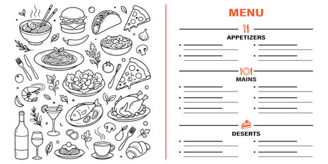 Food menu design layout, hand drawn restaurant menu sketch, italian food doodle border, culinary chalkboard style background, cafe menu vector template, snacks and drinks illustration, rustic dining f © Geetaroy