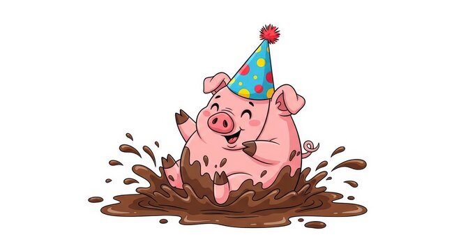 A pink pig wearing a colorful party hat playing in the mud with a joyful expression on its face in a