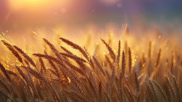 Golden wheat field at sunset, close up view of ripened stalks swaying in soft breeze with warm amber glow, dewdrops sparkling on grain, shallow depth of field,