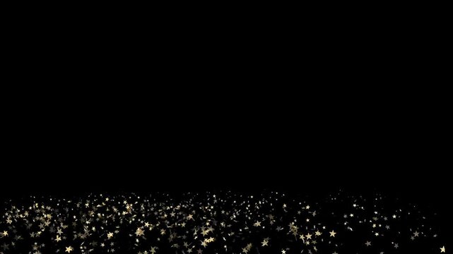 Endless loop of a multitude of golden stars flowing horizontally on black background.