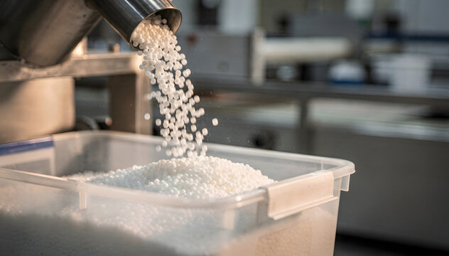 Precise manufacturing process featuring a cascade of small, uniform pellets dropping into a clear container within a clean industrial environment
