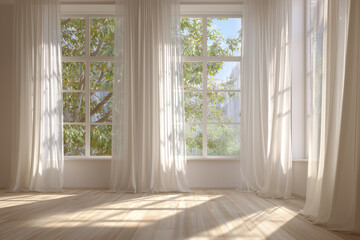 Fototapeta premium Minimal empty room interior with window, curtain, wooden floor and sunlight fills in the morning
