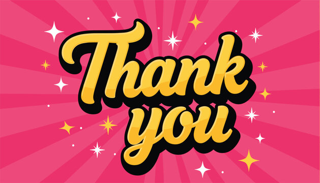 Vector thank you text, golden lettering on a pink background with star sparkles, festive greeting card design