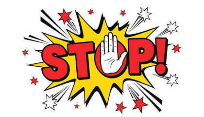 Obraz premium Vector comic book style explosion with the word stop and a hand gesture