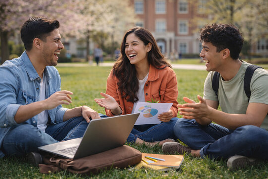 Friends work together on a project outdoors in a park during a sunny day in spring