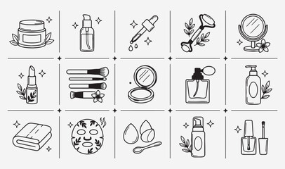 Beauty and skincare products set, hand drawn cosmetic icons, feminine spa and wellness sketch, makeup tools doodle collection, luxury skincare routine vector, beauty treatment line art, cosmetic bottl © Geetaroy