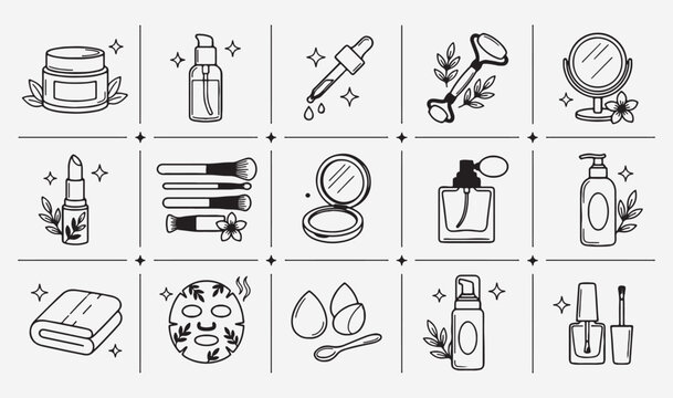 Beauty and skincare products set, hand drawn cosmetic icons, feminine spa and wellness sketch, makeup tools doodle collection, luxury skincare routine vector, beauty treatment line art, cosmetic bottl