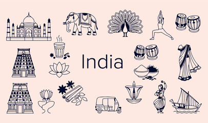 India national symbols and culture set, hand drawn Indian elephant and peacock sketches, traditional India icon collection, minimalist Indian vector graphics, Indian elements for design, elephant and  © Geetaroy