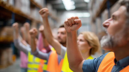 Fototapeta premium Faceless group of diverse warehouse workers in safety vests raising their fists in a team huddle formation at the start of a shift, defocused tall storage racking systems in background,