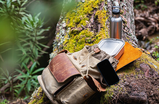 A vintage rucksack in a forest
