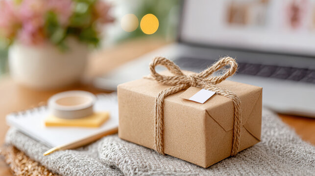 Close tabletop composition with twine wrapped gift box on sweater for holiday present mockup and product background