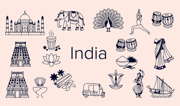 India national symbols and culture set, hand drawn Indian elephant and peacock sketches, traditional India icon collection, minimalist Indian vector graphics, Indian elements for design, elephant and 