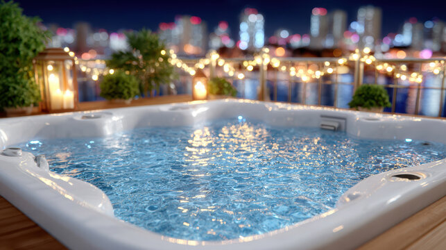 Rooftop jacuzzi at night with city skyline lights for luxury hotel banner and evening relaxation background
