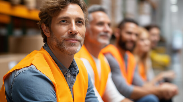Faceless team of warehouse workers attending a lunchtime safety refresher session seated on crates and chairs inside a storage facility, defocused shelves and safety notices in background,