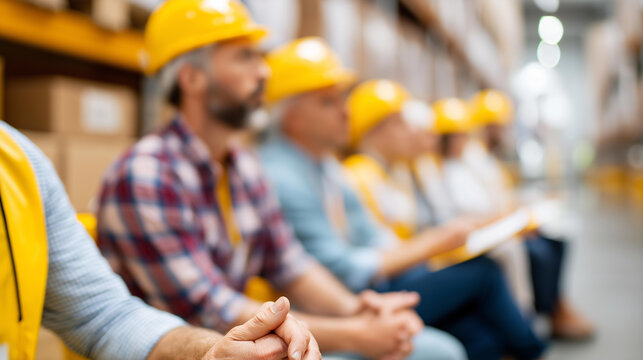 Faceless team of warehouse workers attending a lunchtime safety refresher session seated on crates and chairs inside a storage facility, defocused shelves and safety notices in background,