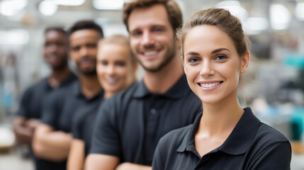 Fototapeta premium Faceless male and female factory employees in uniform standing in a row inside a metalwork plant, confident team posture, defocused industrial equipment and machinery in background,