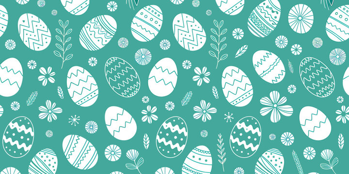 Easter eggs and flowers pattern on turquoise background for holiday decoration