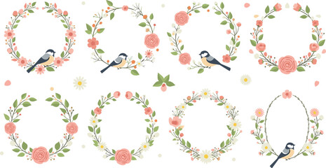 Set of Floral Wreaths with Birds in Vintage Style Featuring Roses, Flowers, and Green Leaves on White Background © Ismail