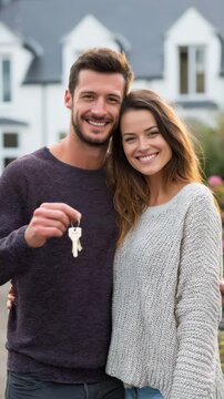 Smiling couple holding house keys outdoors in front of a modern home, showcasing excitement and joy of new beginnings in a residential neighborhood