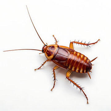 A close-up photograph of a cockroach on a white background