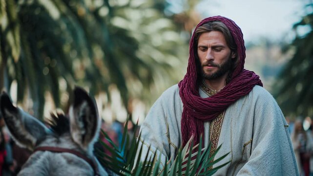 Jesus on donkey holding palm branch, actor in ornate robe and crown rides through sunny city street during palm procession, packed crowd watches, devotional