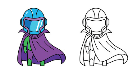 Cute Superhero Character in Sci-Fi Helmet and Purple Cape Vector Illustration with Line Art Version for Coloring Book, Chibi Futuristic Astronaut Space Warrior Design © SHOHAG