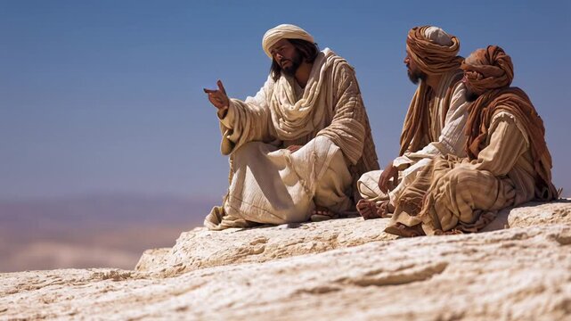 Jesus teaching on sunlit desert hilltop, semitic disciples in linen robes seated on rock, gesturing and listening, warm golden light, vast arid landscape,