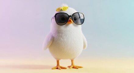 Obraz premium A cute fluffy white chick wearing stylish black sunglasses and a small yellow daisy flower crown