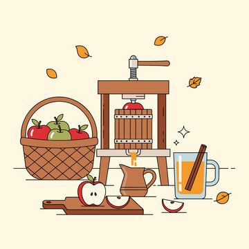 Flat Vector Illustration Of An Artisanal Apple Cider Pressing Scene
