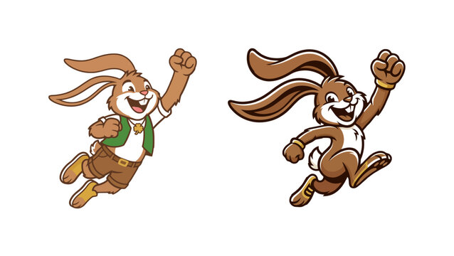 Happy Brown Bunny Cartoon Character Leaping with Joy and Excitement