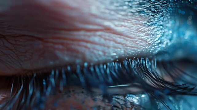 Vibrant macro view of a blue eye adorned with artistic patterns reflecting creativity and emotion, perfect for use as a captivating desktop wallpaper
