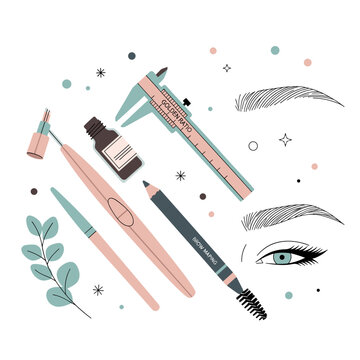 Flat Vector Illustration of Microblading Eyebrow Artist Tools