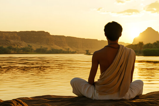 Imhotep Contemplating by the Nile at Sunset in Ancient Egypt  