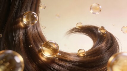 Fototapeta premium Dark brown wavy hair interweaves with golden nourishing liquid bubbles, delicately showing the deep nourishment and glossy texture of hair care, making it a material image suitable for hair, hair qual