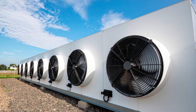 A medium shot of industrial cooling fans integrated into a battery storage container for thermal management of energy cells.
