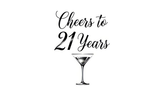 Black and white cheers to 21 years greeting card with martini glass on white background with empty s